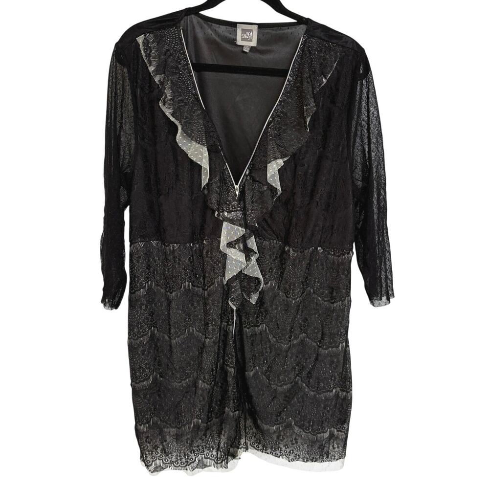 Vtg Y2K Goth Black Lace Ruffle Full Zip Longline Top Pirate Frilly Feminine